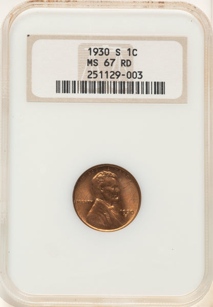 1930-S 1C RD Lincoln Cent NGC MS67