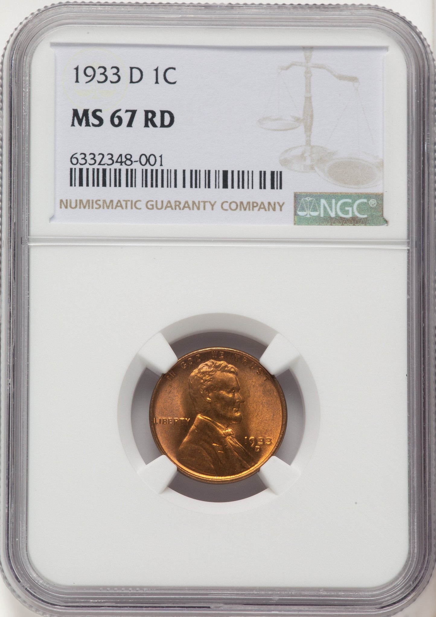 1933-D 1C RD Lincoln Cent NGC MS67