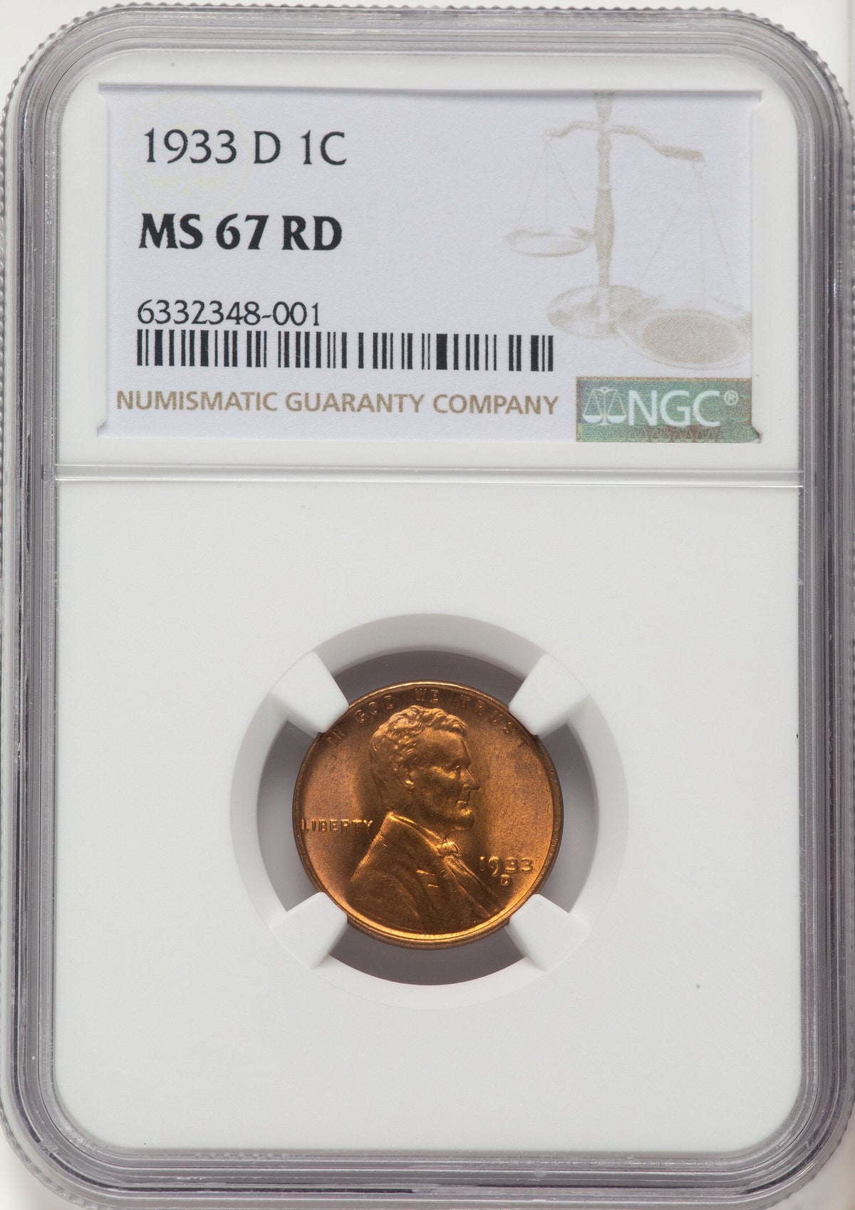 1933-D 1C RD Lincoln Cent NGC MS67