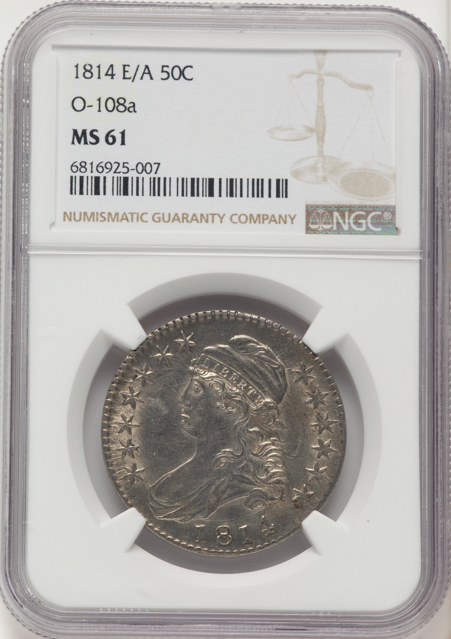 1814 50C E/A in STATAS O-108a Bust Half Dollar NGC MS61