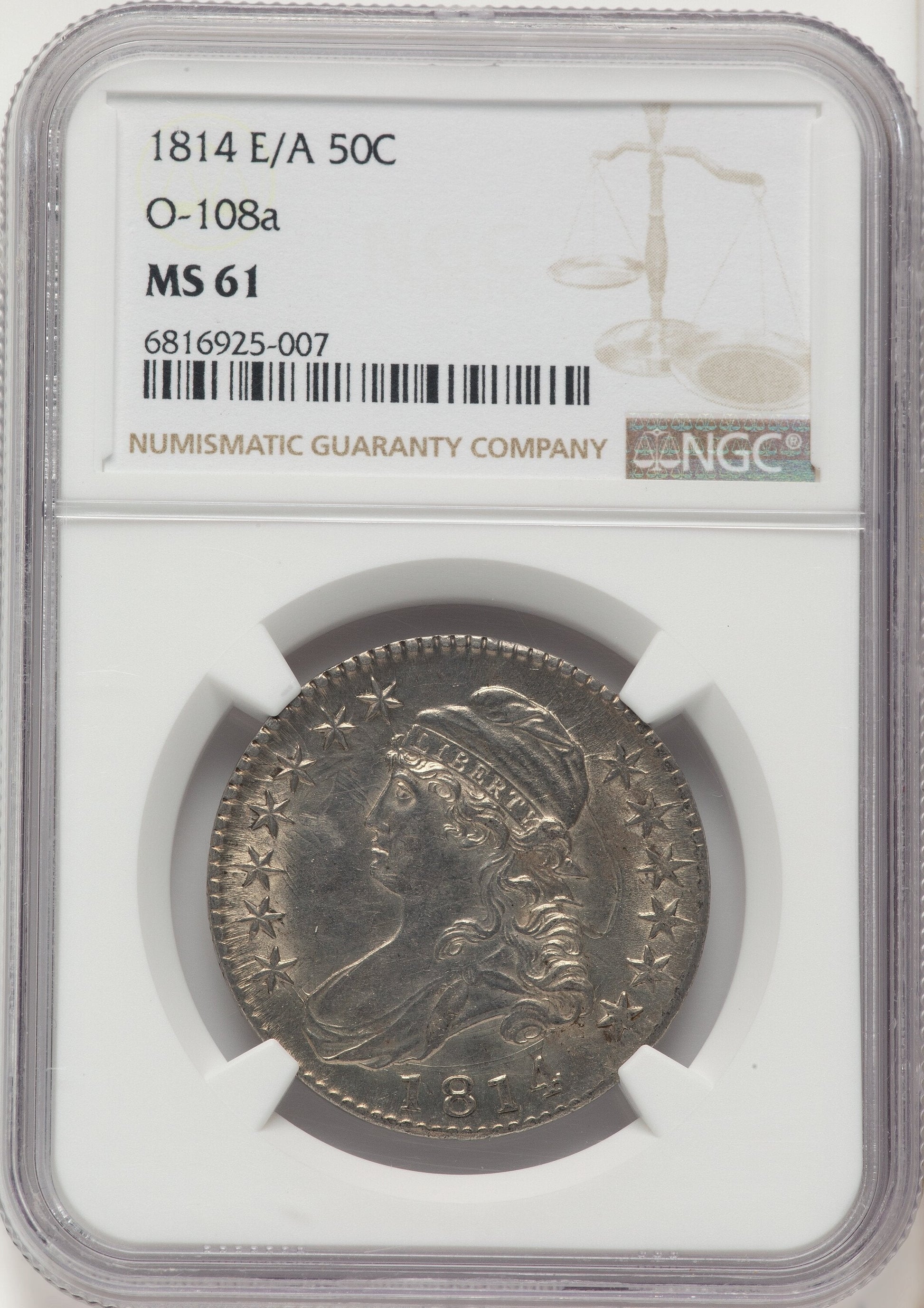 1814 50C E/A in STATAS O-108a Bust Half Dollar NGC MS61