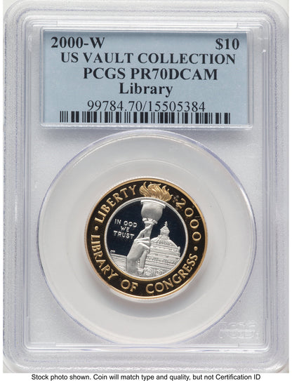 2000-W $10 Library of Congress Bi-Metallic Gold 0.2509 oz and Platinum 0.2509 oz US Vault Collection Blue Label Modern Issues PCGS MS70