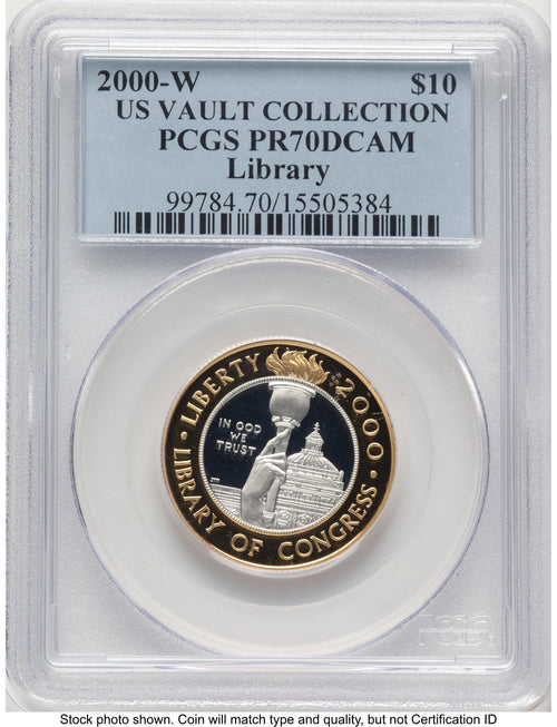 2000-W $10 Library of Congress Bi-Metallic Gold 0.2509 oz and Platinum 0.2509 oz US Vault Collection Blue Label Modern Issues PCGS MS70