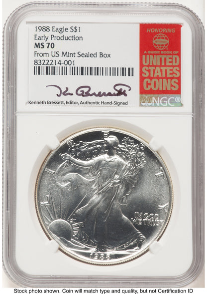 1988 Silver Eagle Early Production Kenneth Bressett Red Book From US Mint Sealed Box NGC PF70