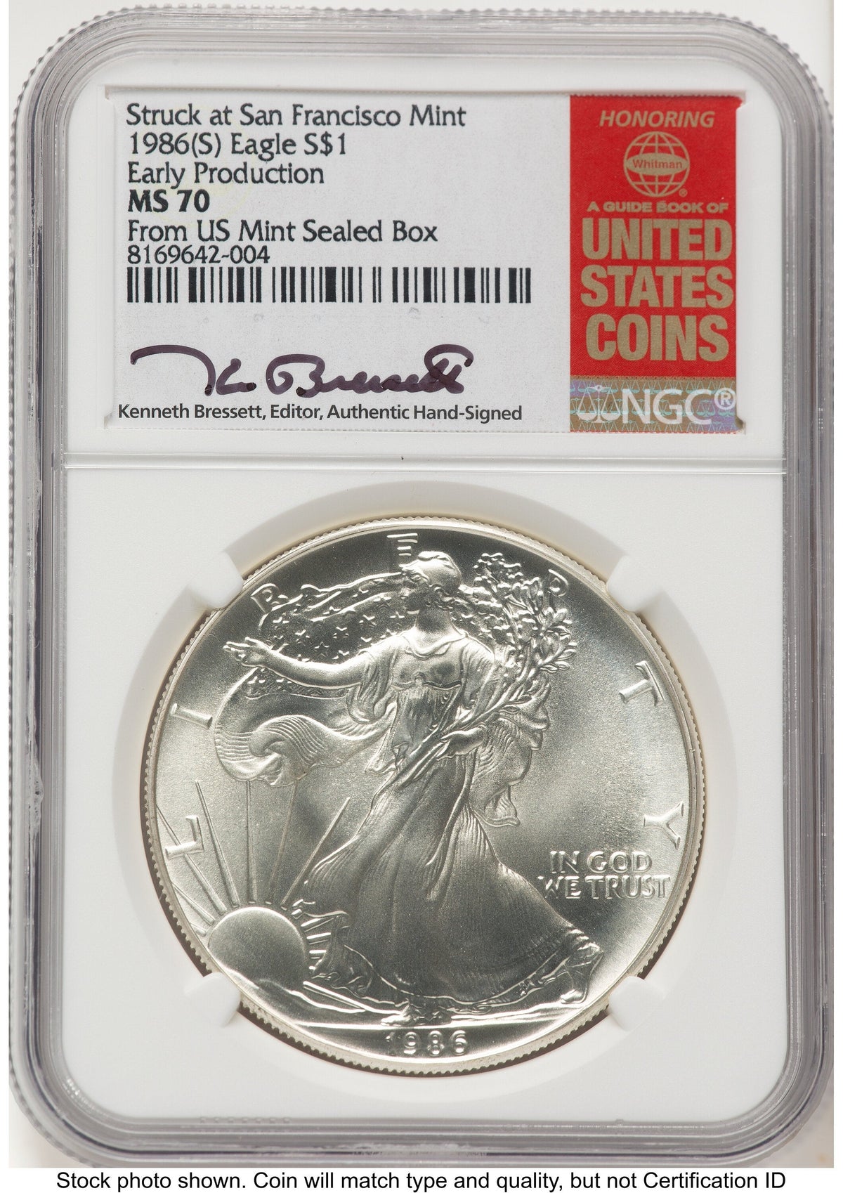 1986-(S) Silver Eagle Early Production Kenneth Bressett Red Book From US Mint Sealed Box NGC MS70