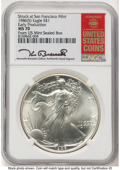 1986-(S) Silver Eagle Early Production Kenneth Bressett Red Book From US Mint Sealed Box NGC MS70