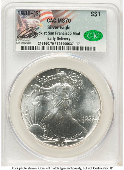 1986-(S) Silver Eagle Early Delivery Ron Drzewucki CACG MS70