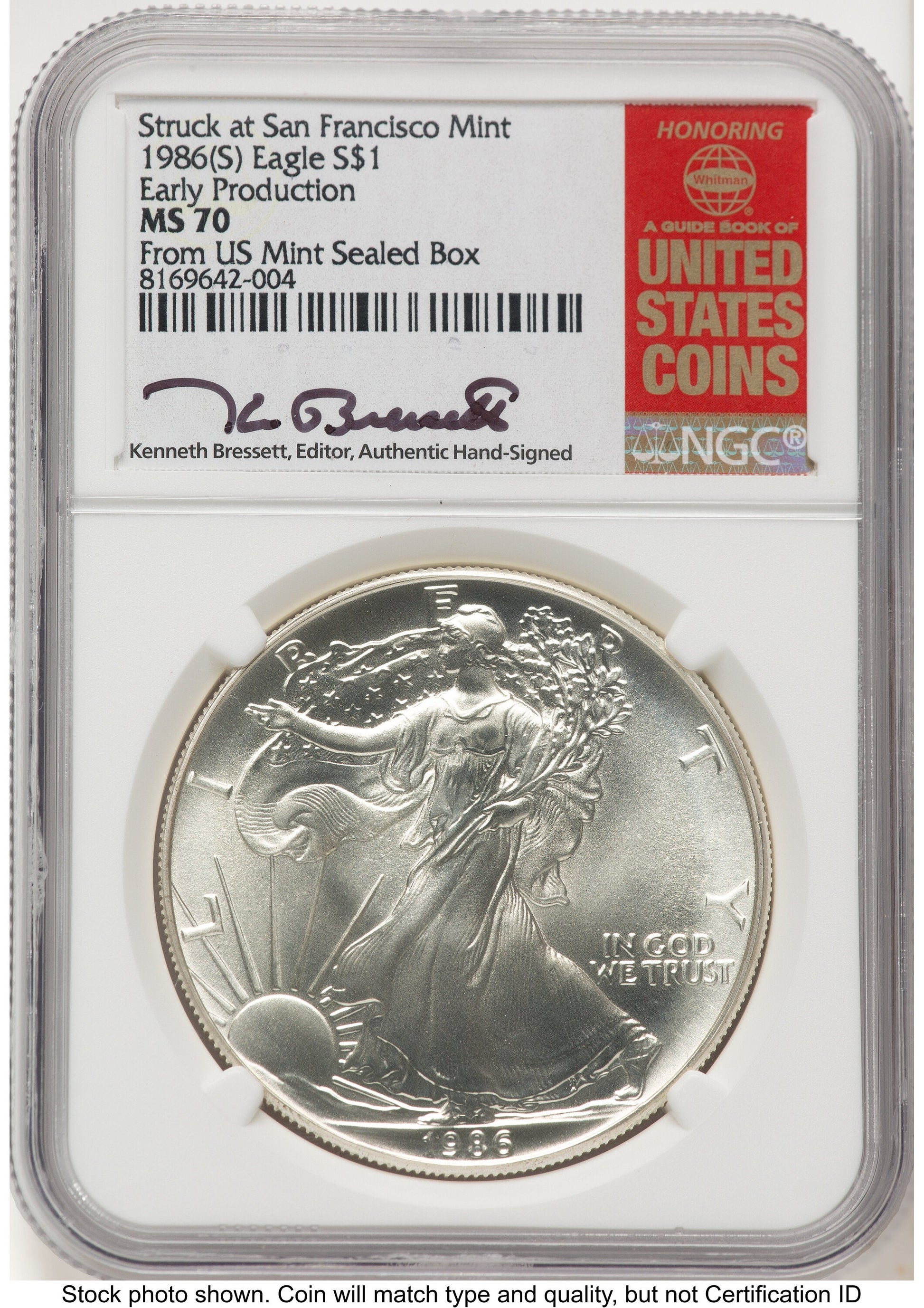 1986-(S) Silver Eagle Early Production Kenneth Bressett Red Book From US Mint Sealed Box NGC MS70