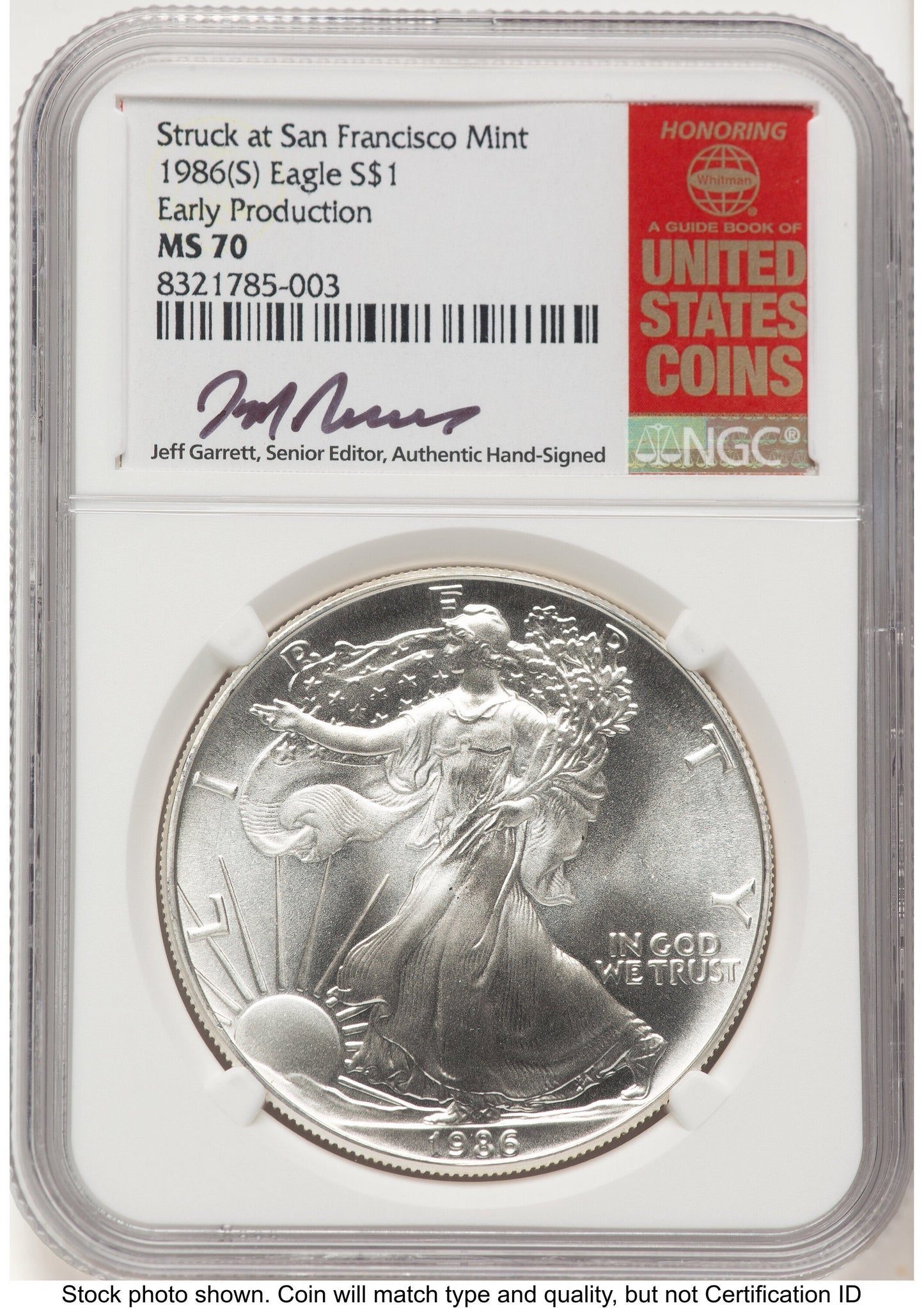 1986-(S) Silver Eagle Early Production Jeff Garrett Red Book NGC MS70