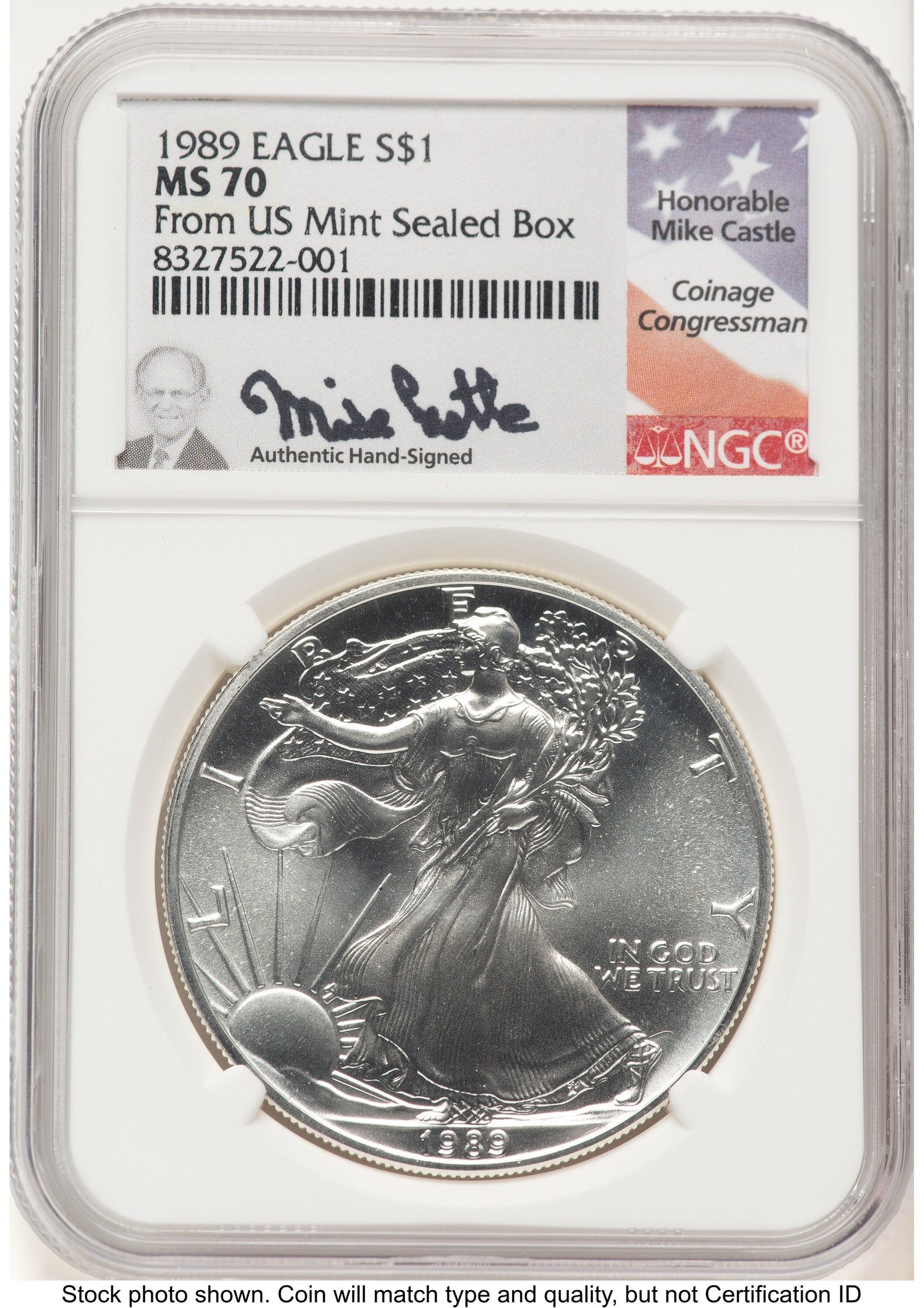 1989 Silver Eagle Mike Castle From US Mint Sealed Box NGC MS70