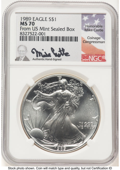 1989 Silver Eagle Mike Castle From US Mint Sealed Box NGC MS70