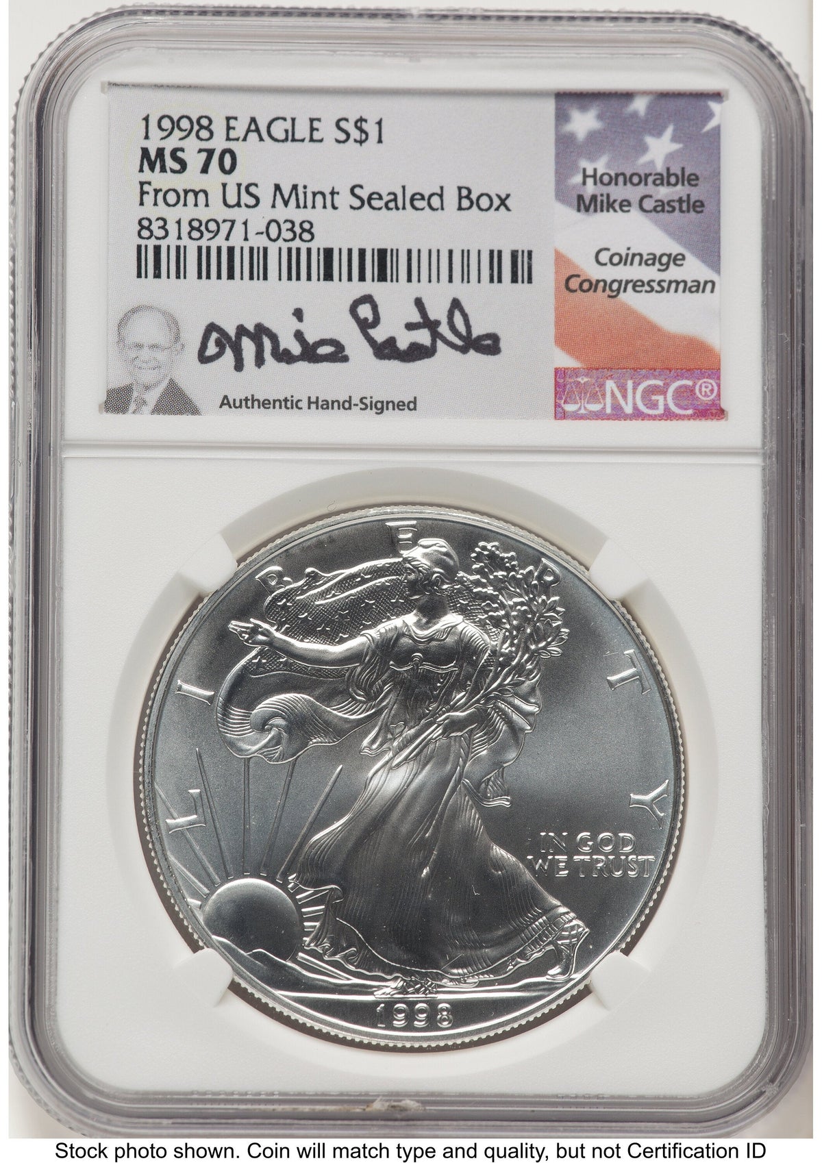 1998 Silver Eagle Mike Castle From US Mint Sealed Box NGC MS70