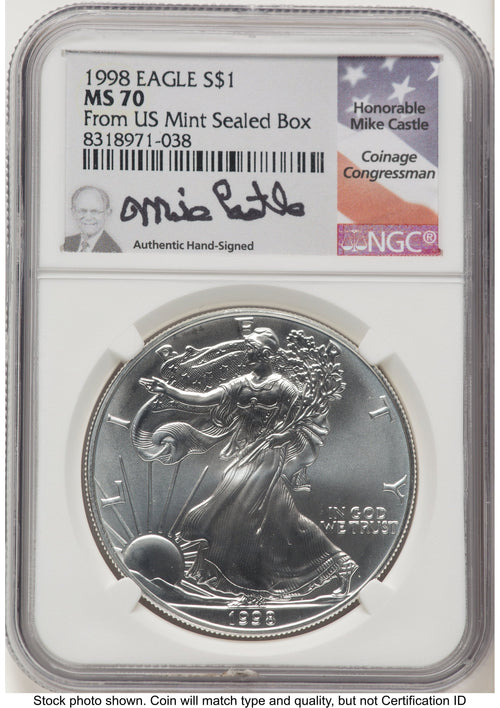 1998 Silver Eagle Mike Castle From US Mint Sealed Box NGC MS70