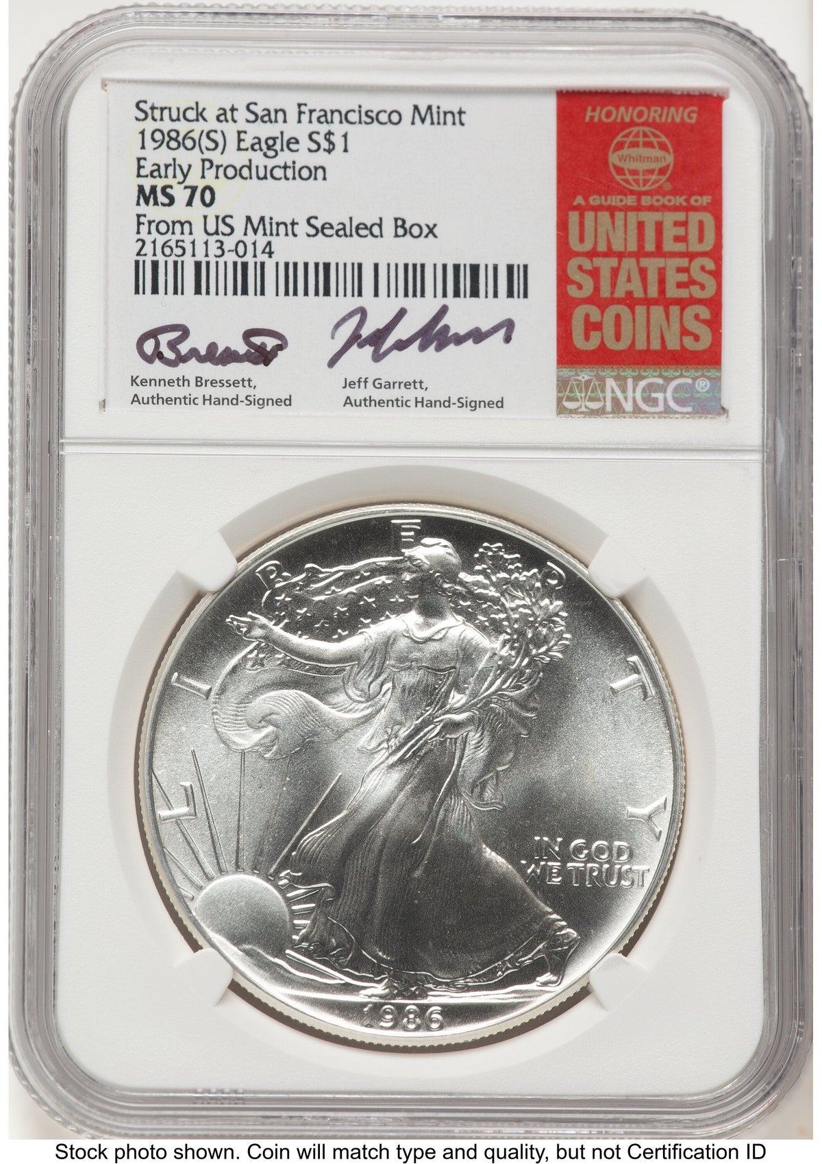 1986-(S) Silver Eagle Early Production Kenneth Bressett/Jeff Garrett Red Book From US Mint Sealed Box NGC MS70