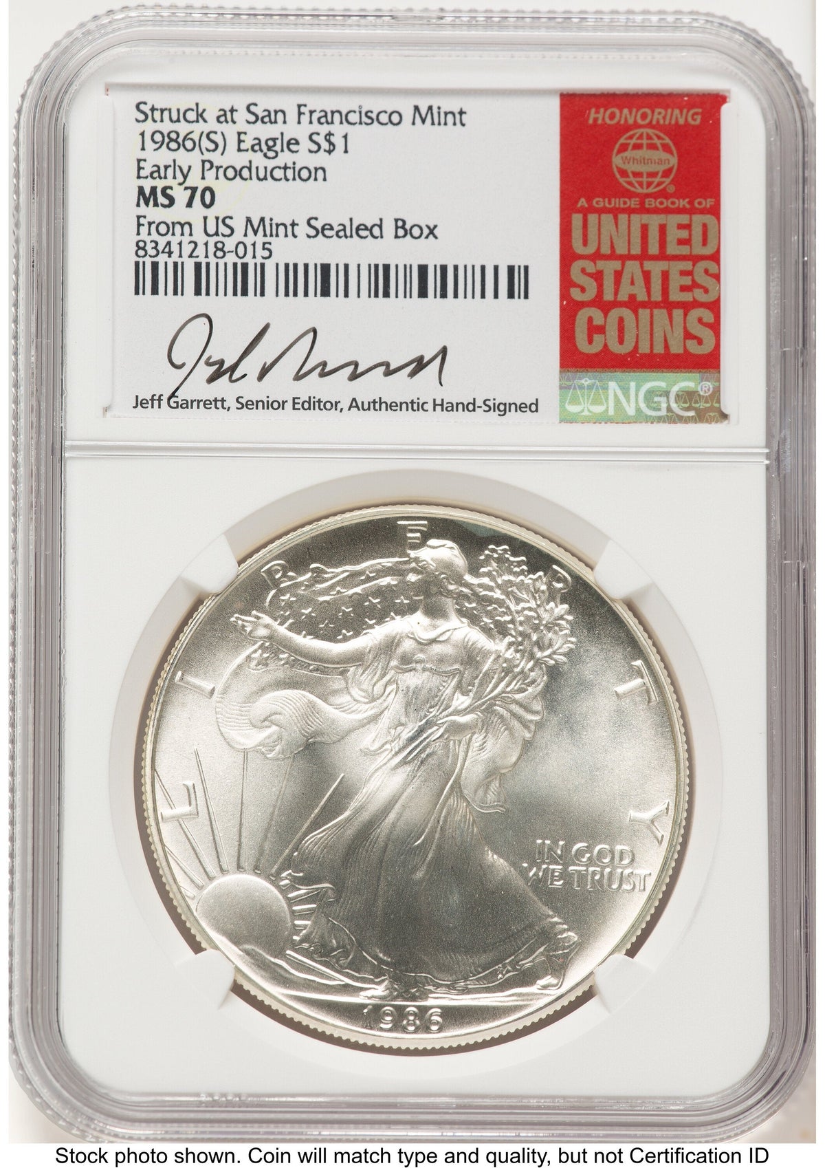 1986-(S) Silver Eagle Early Production Jeff Garrett Red Book From US Mint Sealed Box NGC MS70