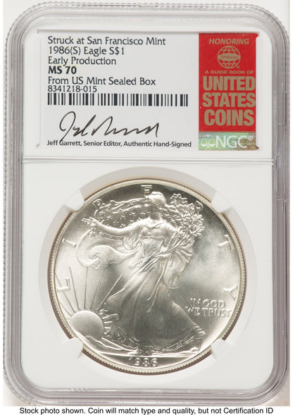 1986-(S) Silver Eagle Early Production Jeff Garrett Red Book From US Mint Sealed Box NGC MS70