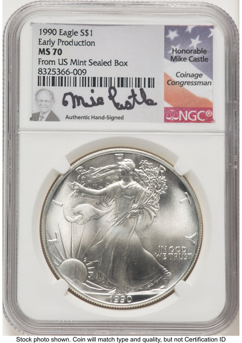 1990 Silver Eagle Early Production Mike Castle From US Mint Sealed Box NGC MS70