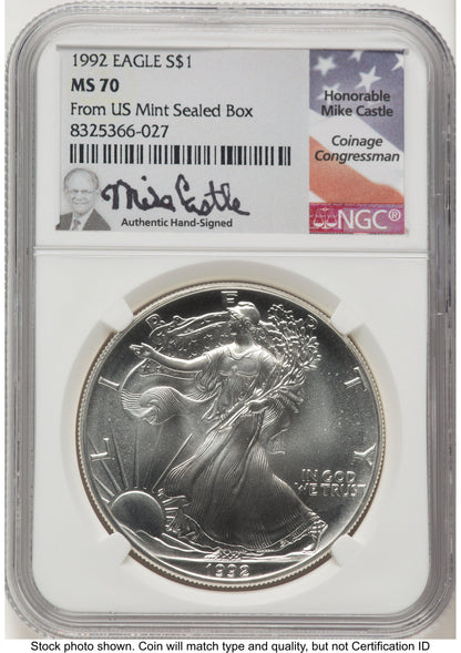 1992 Silver Eagle Mike Castle From US Mint Sealed Box NGC MS70