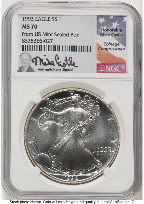 1992 Silver Eagle Mike Castle From US Mint Sealed Box NGC MS70