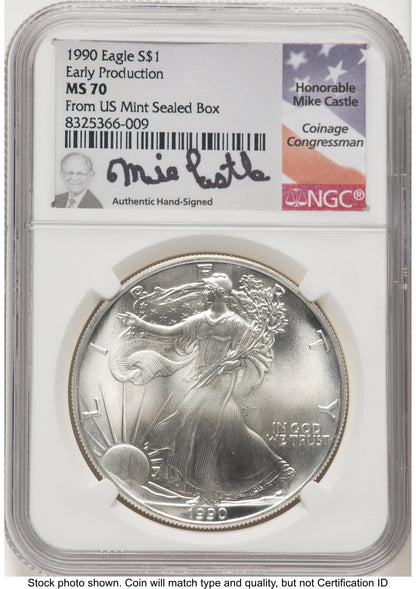 1990 Silver Eagle Early Production Mike Castle From US Mint Sealed Box NGC MS70
