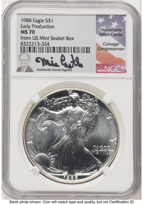 1988 Silver Eagle Early Production Mike Castle From US Mint Sealed Box NGC PF70
