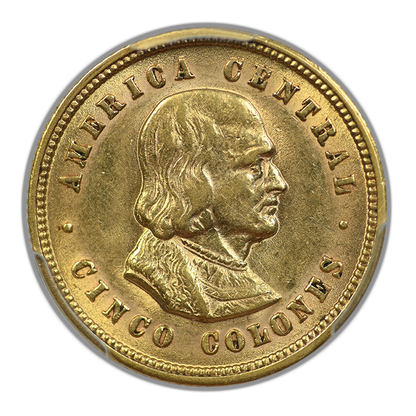 1899 Costa Rica Gold 5C Colones PCGS AU58