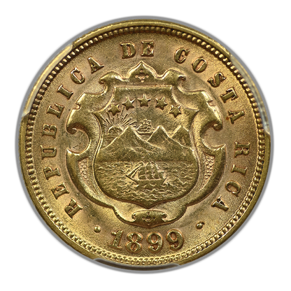 1899 Costa Rica Gold 5C Colones PCGS AU58
