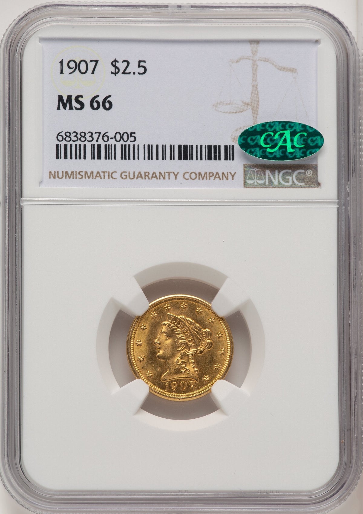 1907 $2.50 CAC Liberty Quarter Eagle NGC MS66
