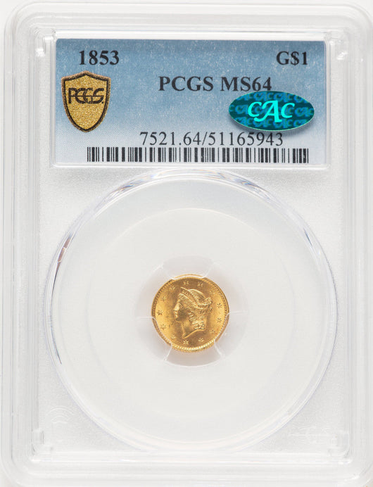 1853 G$1 CAC Gold Dollar PCGS MS64
