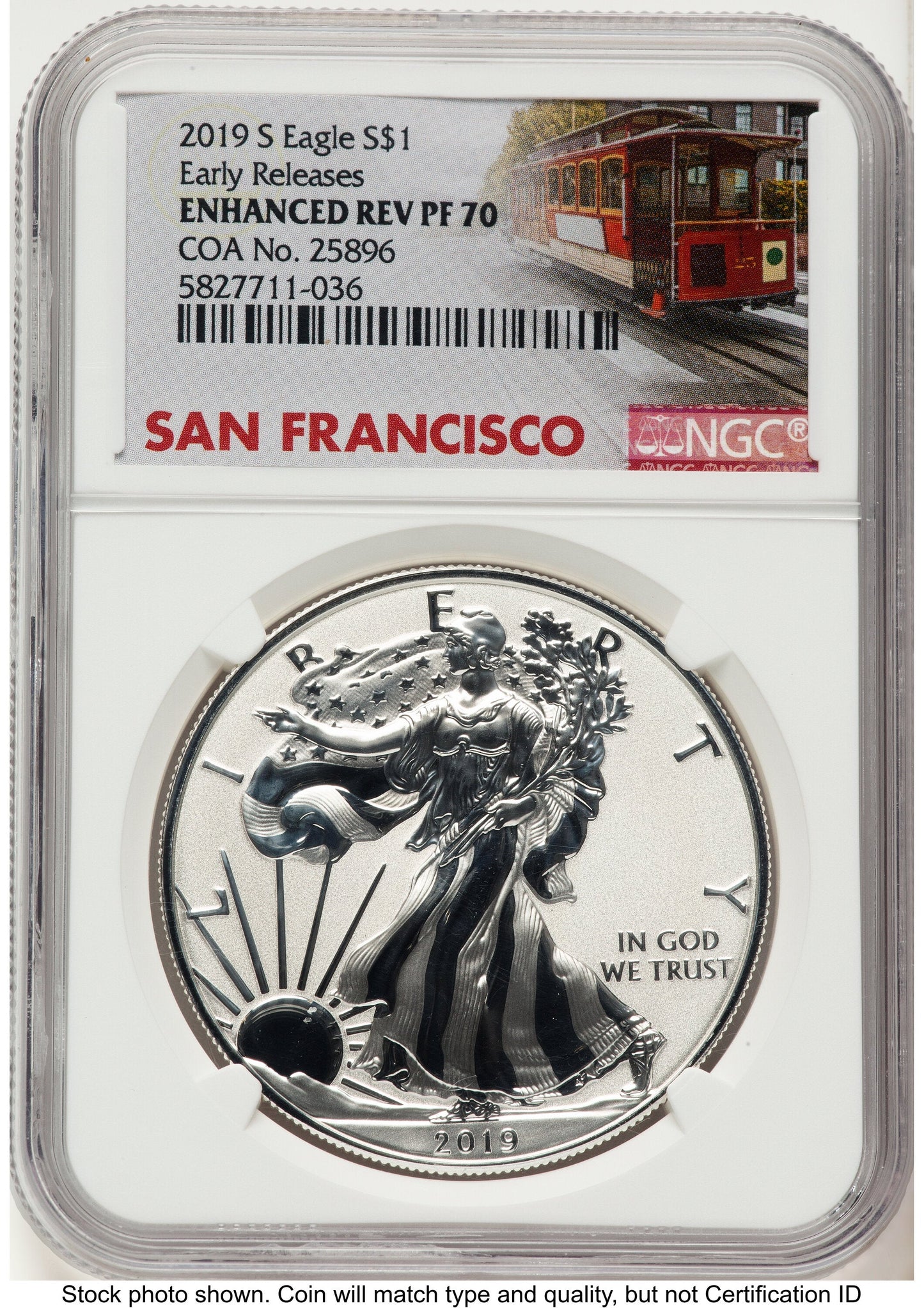 2019-S Enhanced Reverse Proof Silver Eagle 1 oz ER Trolley Label NGC PF70