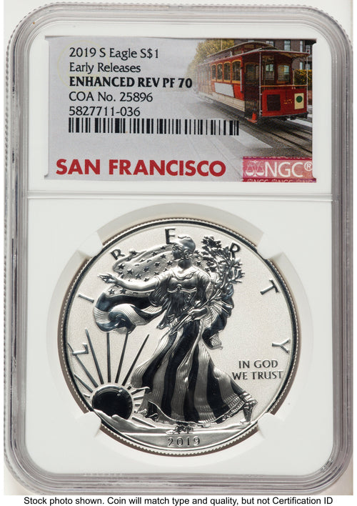 2019-S Enhanced Reverse Proof Silver Eagle 1 oz ER Trolley Label NGC PF70