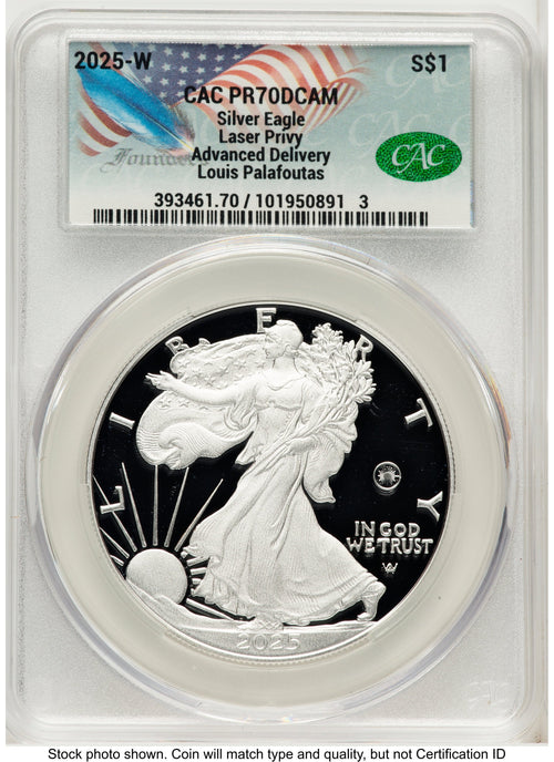 2025-W Proof Silver Eagle Privy Laser Engraved 1 oz Advanced Delivery Louis Palafoutas CACG PR70