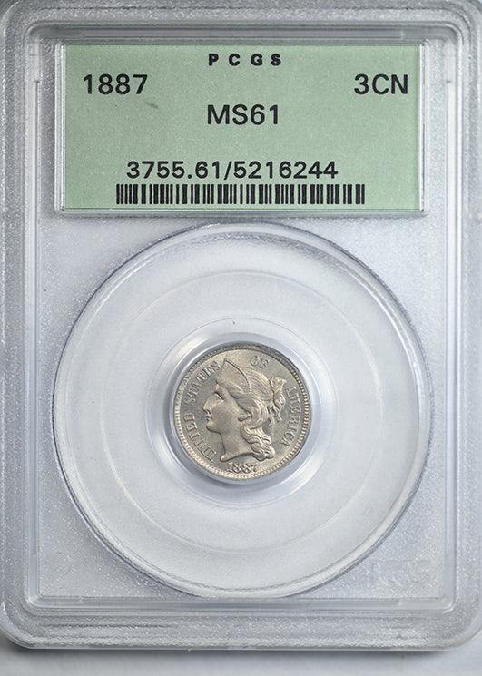 1887 Three Cent Nickel Piece 3CN PCGS MS61 OGH