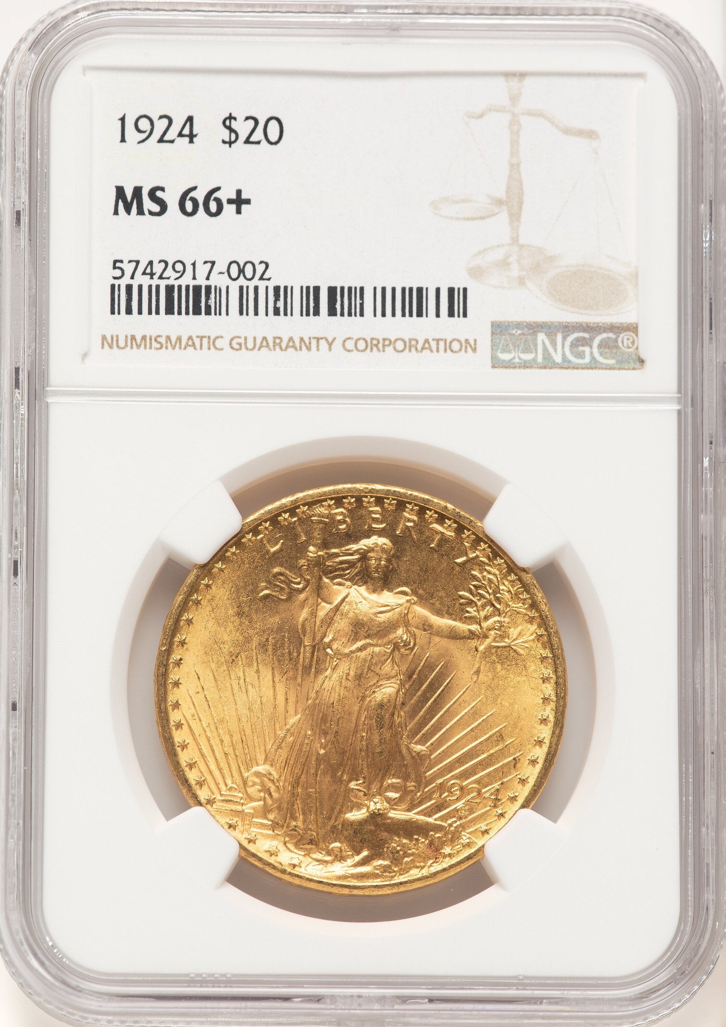 1924 $20 Saint Brown Label Saint-Gaudens Double Eagle NGC MS66+