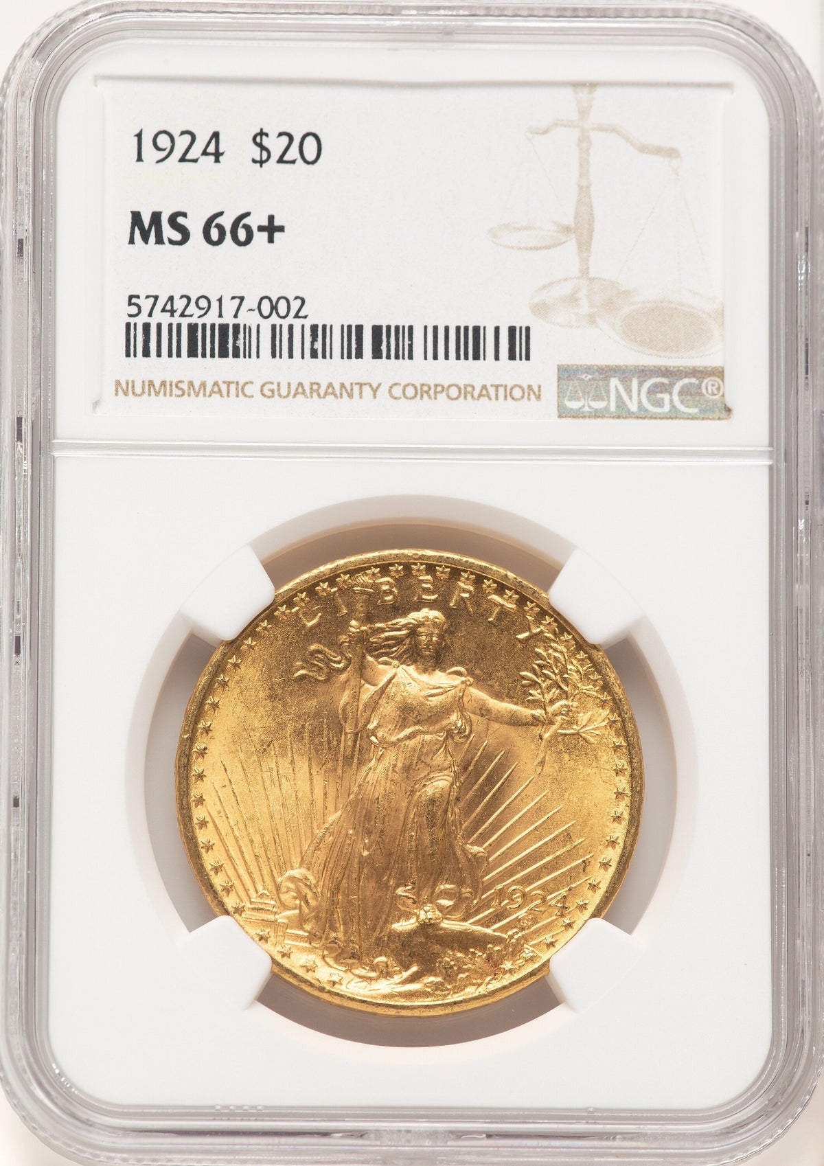 1924 $20 Saint Brown Label Saint-Gaudens Double Eagle NGC MS66+
