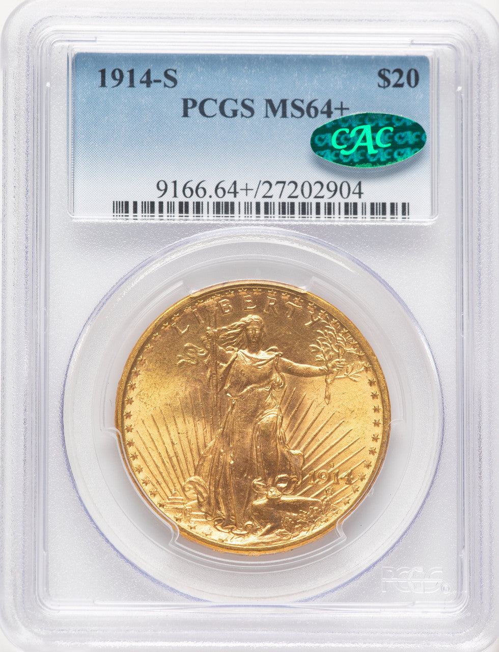 1914-S $20 CAC Blue Gradient Saint-Gaudens Double Eagle PCGS MS64+