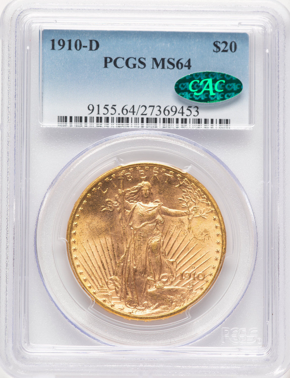 1910-D $20 CAC Blue Gradient Saint-Gaudens Double Eagle PCGS MS64
