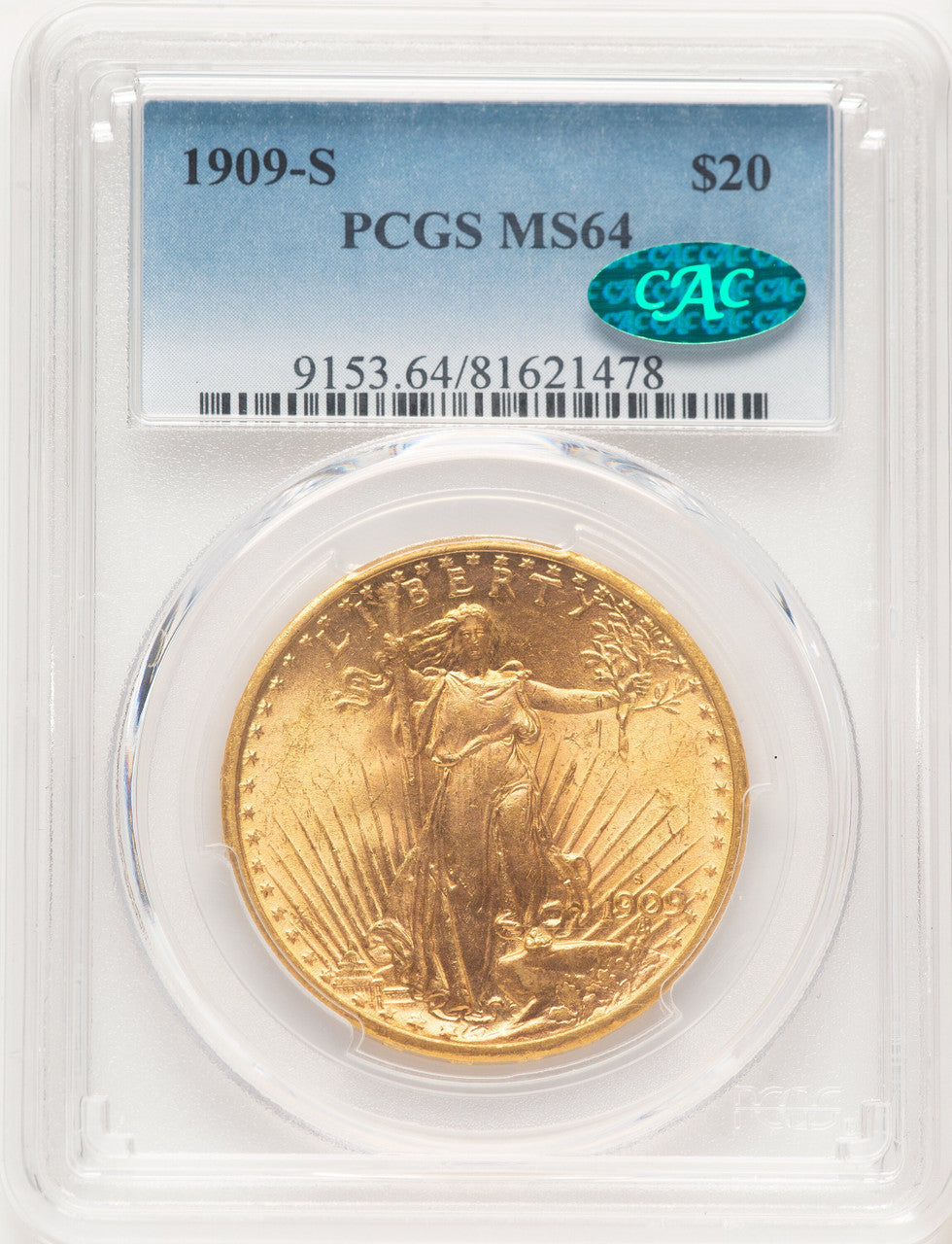 1909-S $20 CAC Blue Gradient Saint-Gaudens Double Eagle PCGS MS64