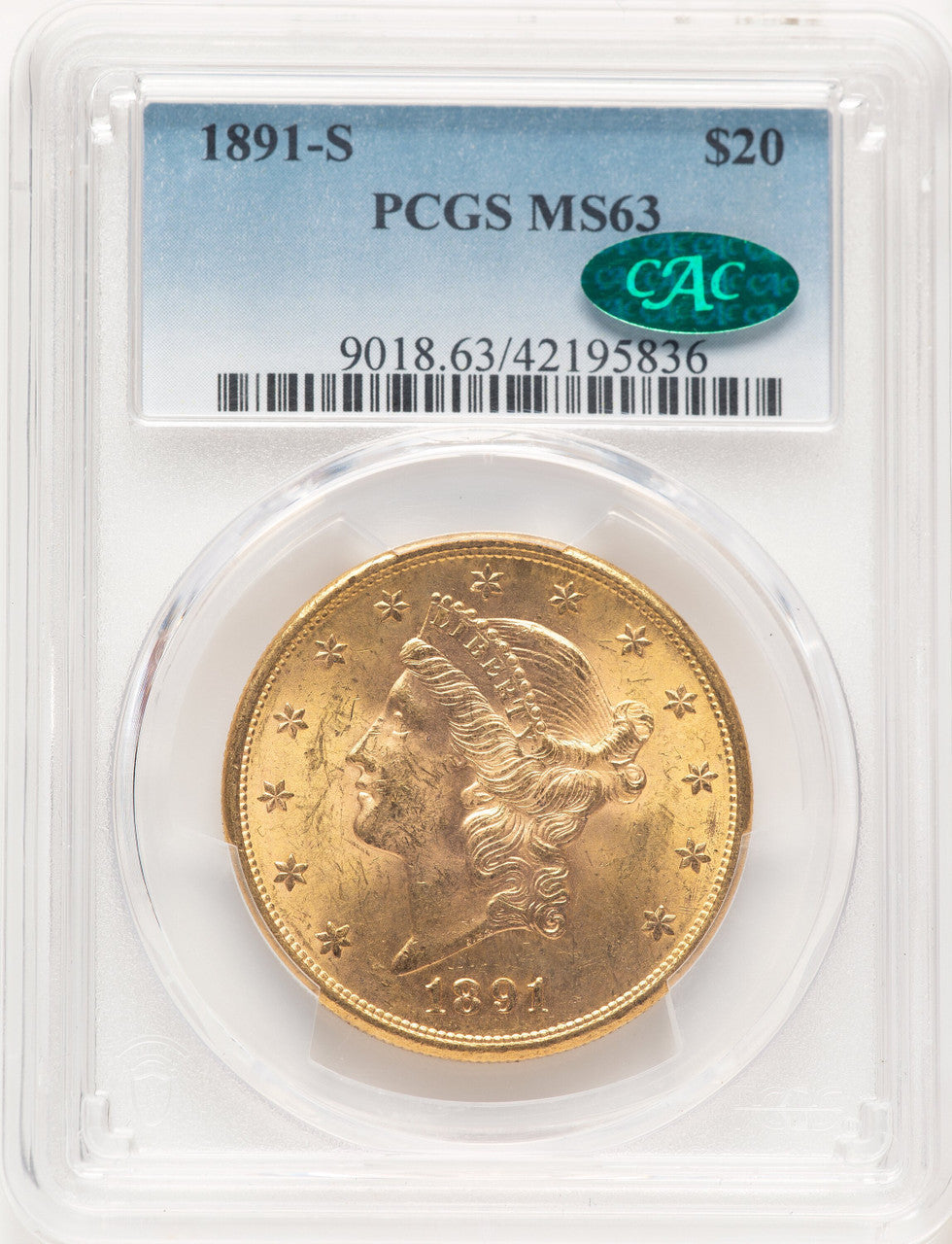 1891-S $20 CAC Blue Gradient Liberty Double Eagle PCGS MS63