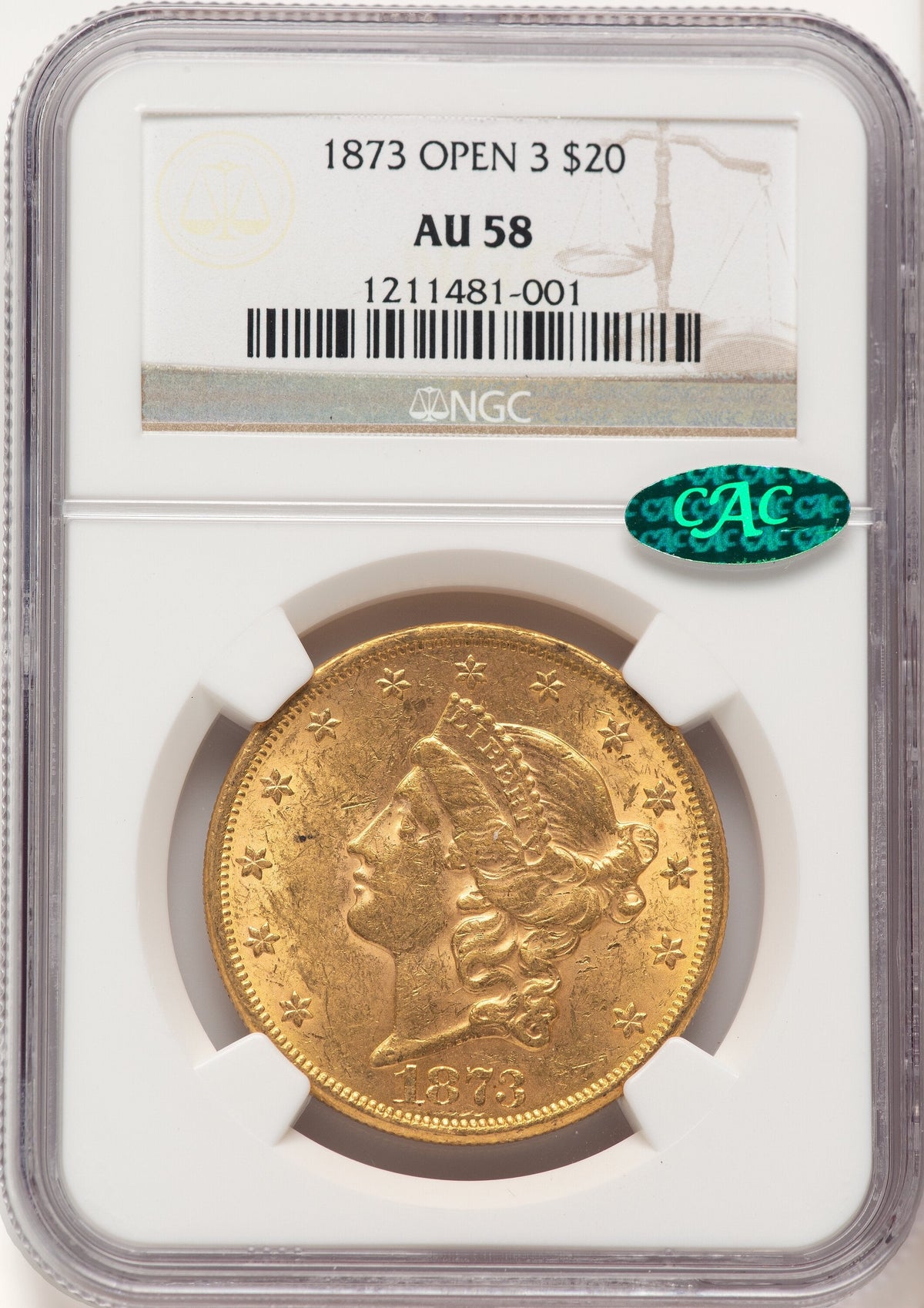 1873 $20 OPEN 3 CAC Liberty Double Eagle NGC AU58