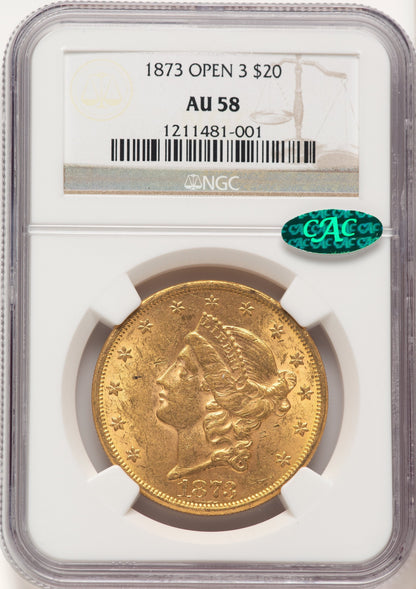 1873 $20 OPEN 3 CAC Liberty Double Eagle NGC AU58
