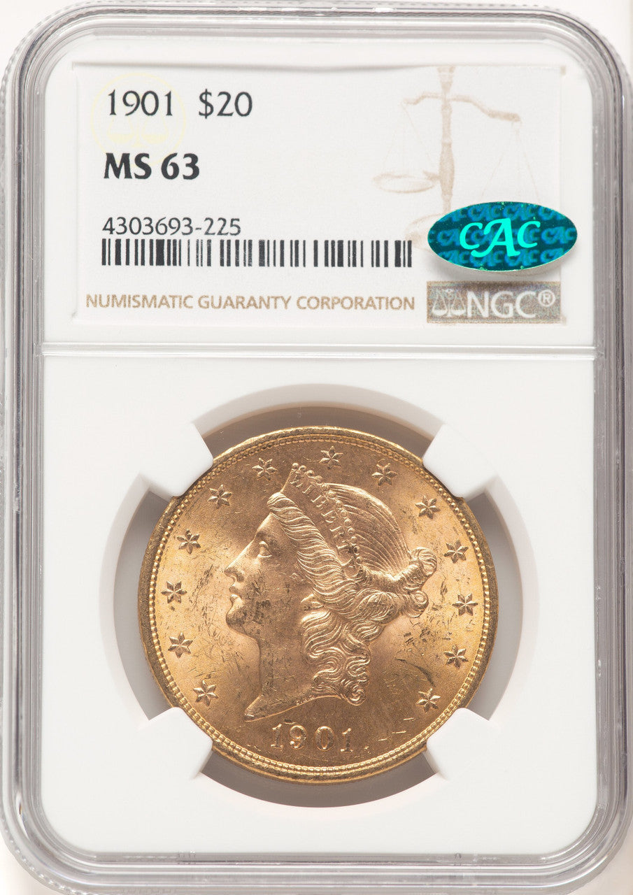 1901 $20 CAC Brown Label Liberty Double Eagle NGC MS63