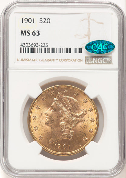 1901 $20 CAC Brown Label Liberty Double Eagle NGC MS63