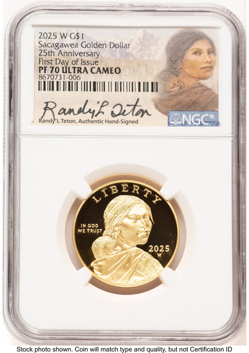 2025-W 1/2 oz Proof Gold Sacagawea 25th Anniversary FDI Randy'L Teton Sacagawea NGC PF70