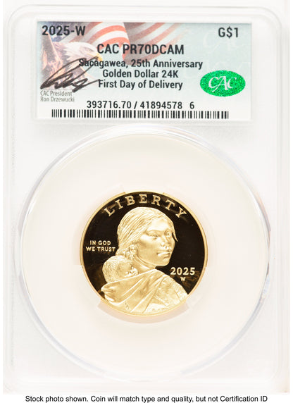 2025-W 1/2 oz Proof Gold Sacagawea 25th Anniversary First Day of Delivery Ron Drzewucki CACG PR70