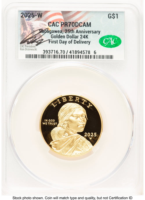 2025-W 1/2 oz Proof Gold Sacagawea 25th Anniversary First Day of Delivery Ron Drzewucki CACG PR70