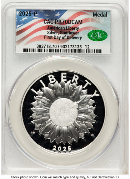 2025-P Silver American Liberty High Relief Medal First Day of Delivery Flag Label Medals and Tokens CACG MS70