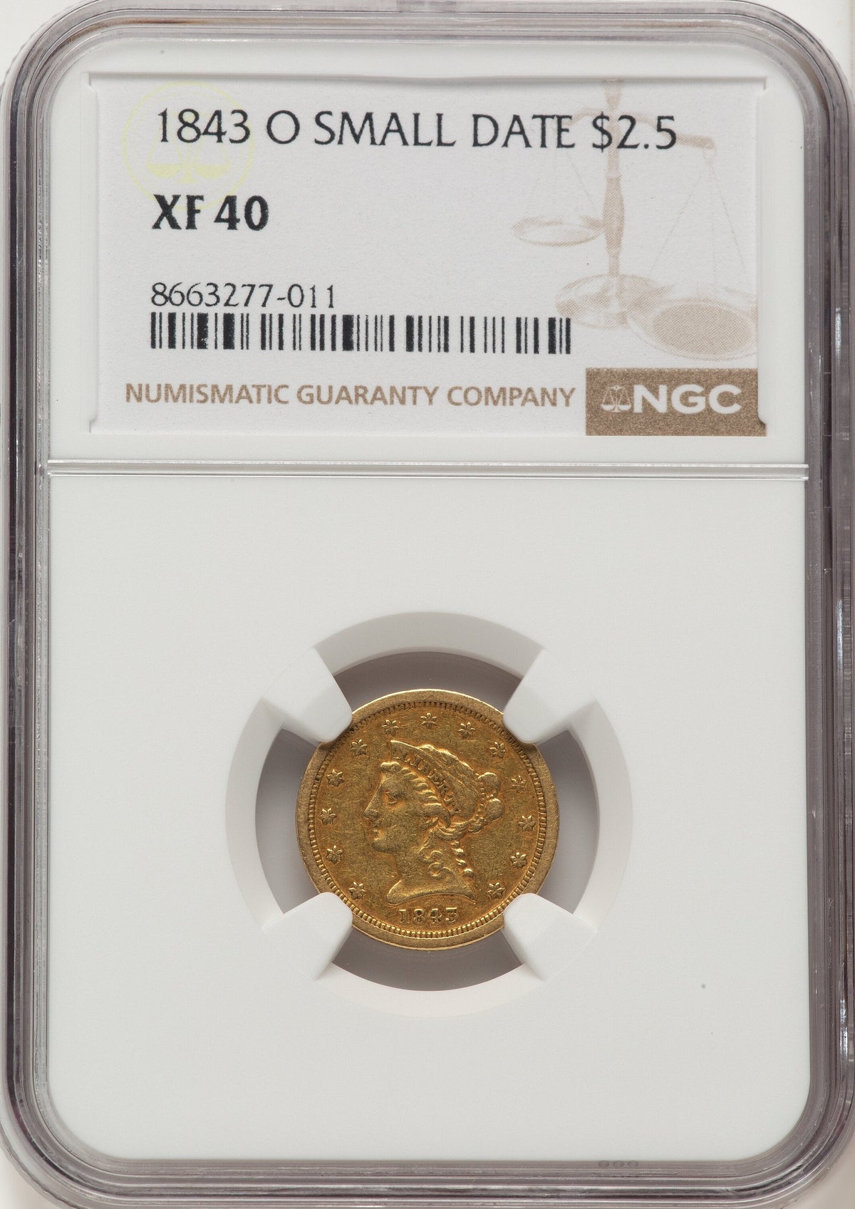 1843-O $2.50 Small Date Crosslet 4 Liberty Quarter Eagle NGC XF40