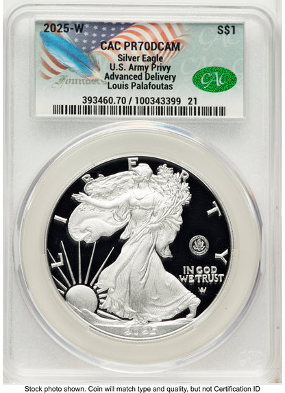 2025-W Proof Silver Eagle Privy U.S. Army 250th Anniversary 1 oz Advanced Delivery Louis Palafoutas CACG PR70