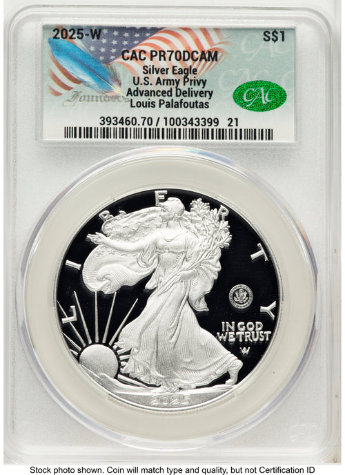 2025-W Proof Silver Eagle Privy U.S. Army 250th Anniversary 1 oz Advanced Delivery Louis Palafoutas CACG PR70